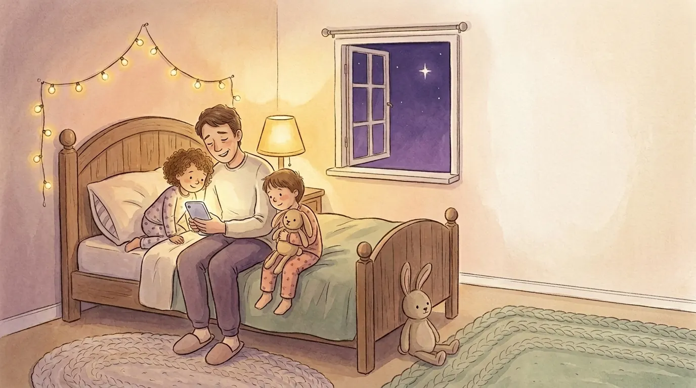 A parent reading a glowing storybook to two children snuggled under fairy lights in a softly-lit bedroom.
