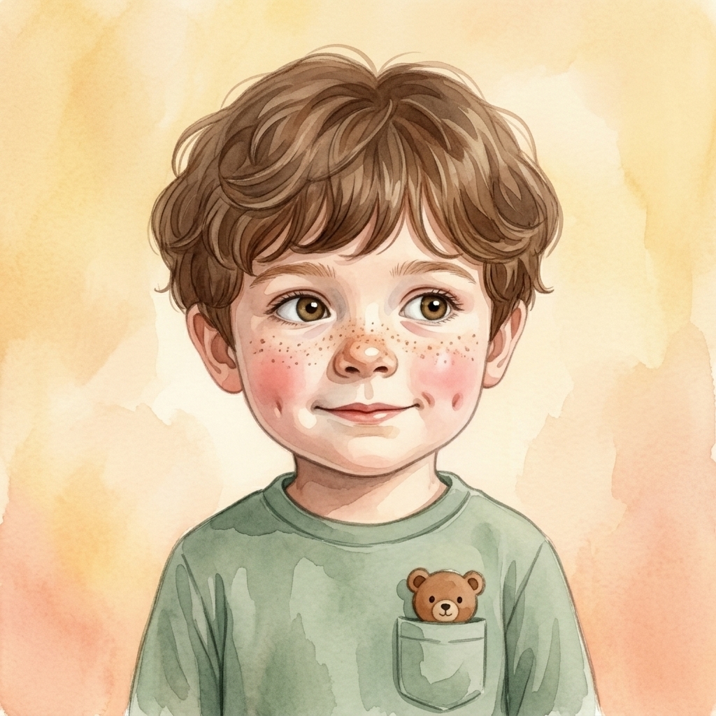 Cartoon portrait of Theo, age 3