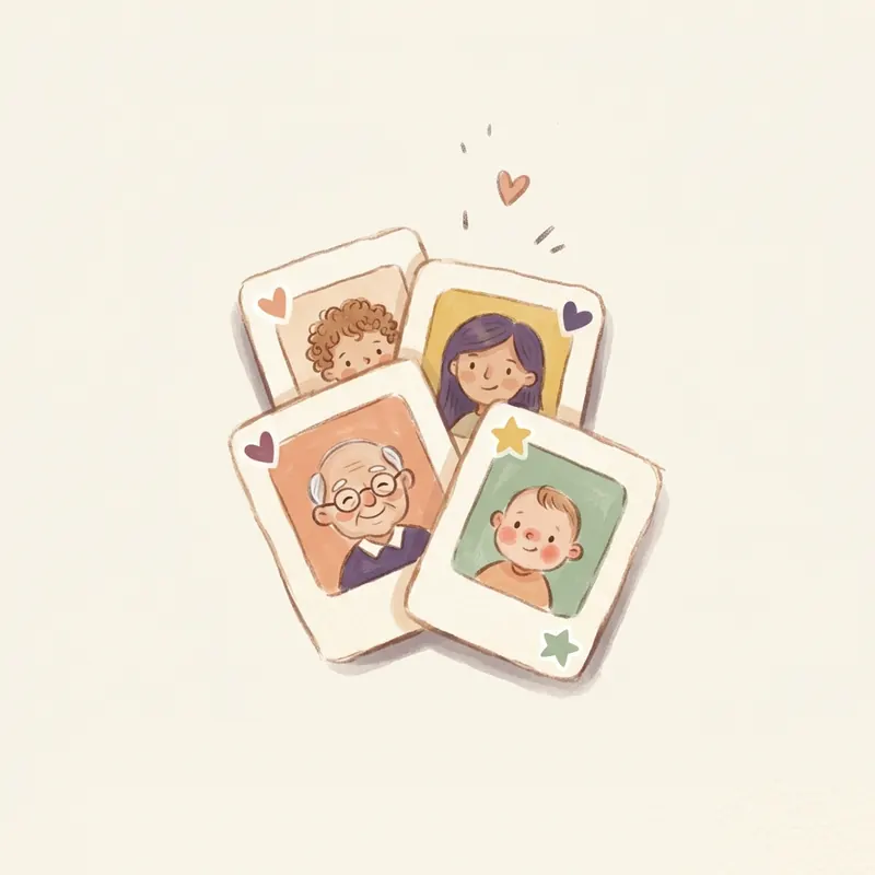 Three illustrated character cards in a soft fan, representing family members.
