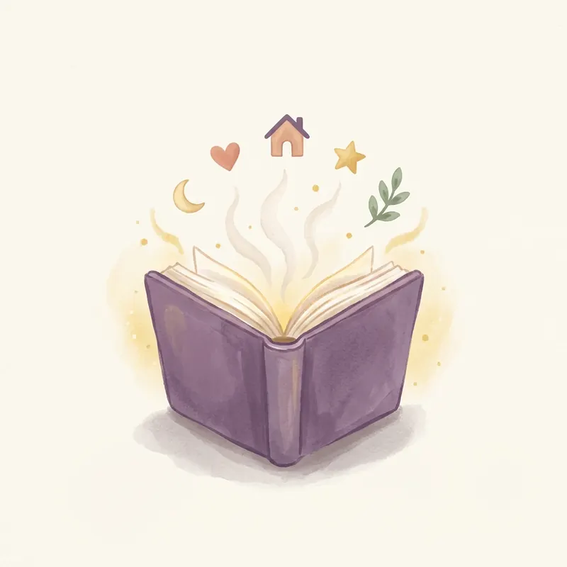 An open storybook with little symbols of moon, heart, home, and star floating upward.