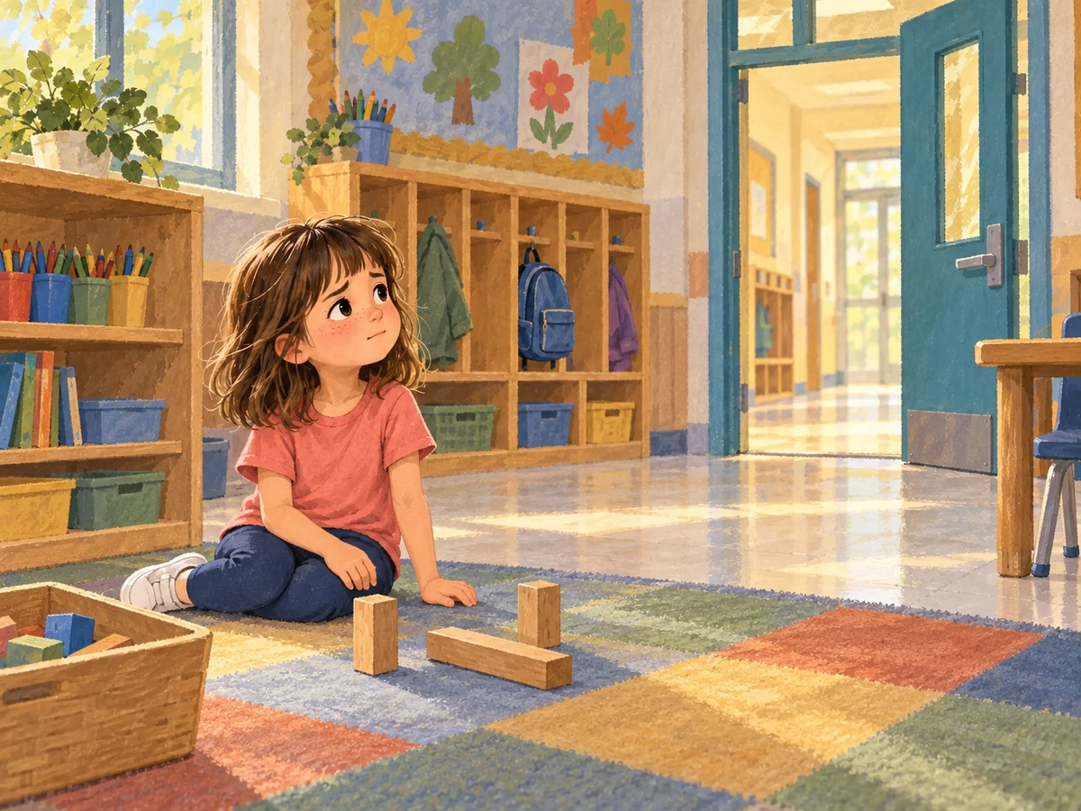 Emma sits beside a fallen block bridge and looks toward the empty classroom doorway.