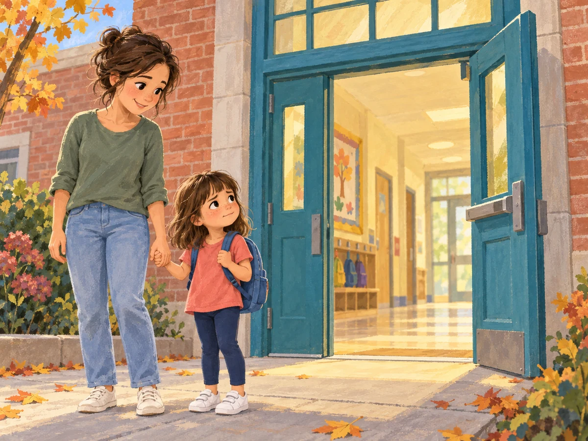 Emma holds Mom’s hand and looks up at the big school door.