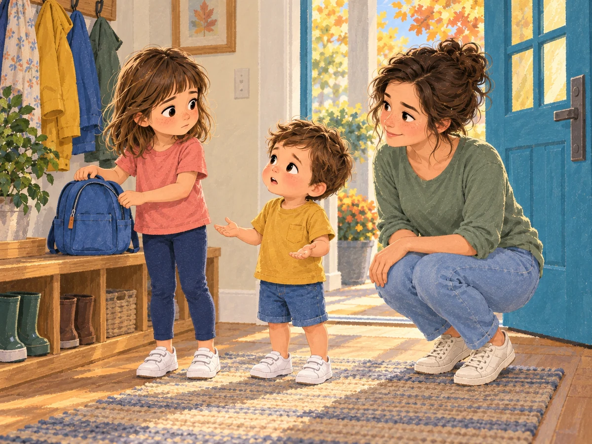 Emma pauses beside her backpack as Mom talks to Noah in the front entryway.