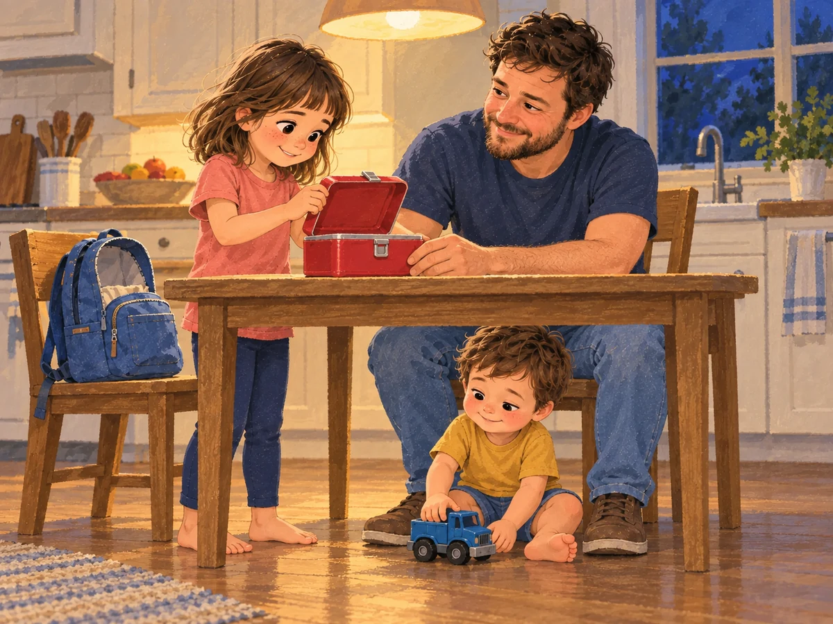 Emma opens her lunchbox with Dad while Noah plays with a truck under the kitchen table.