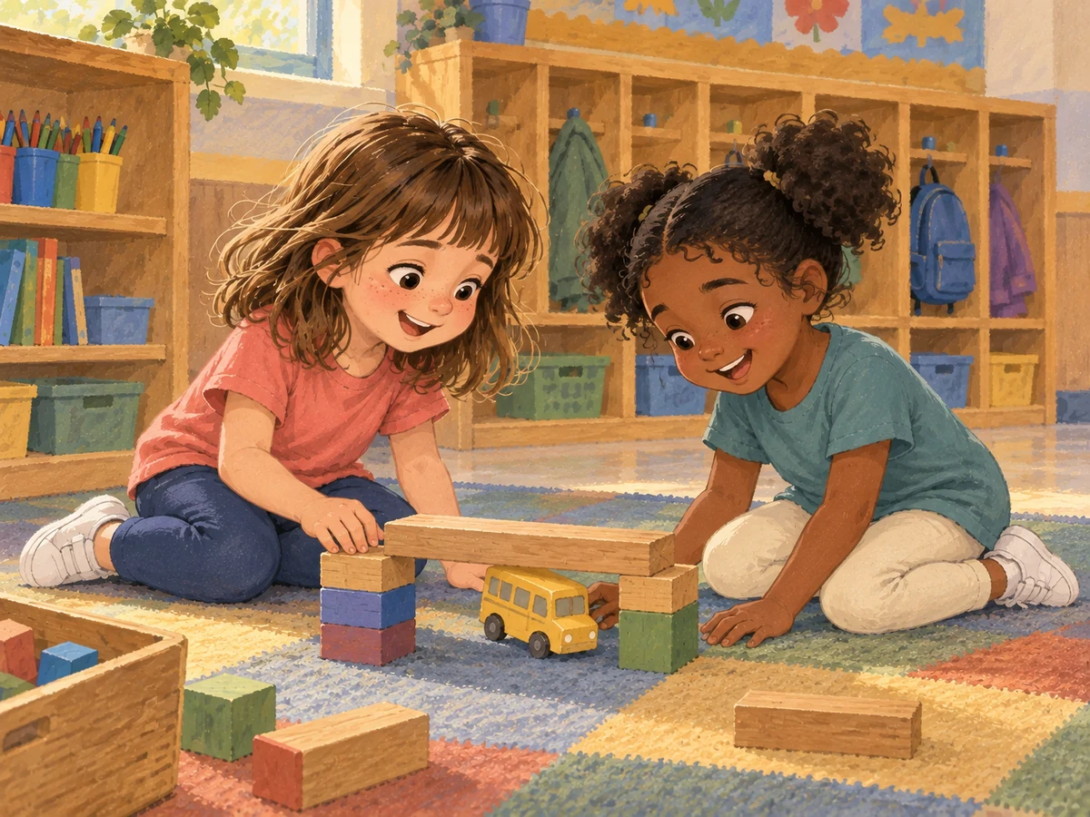 Emma and her new friend laugh as they play with a wooden bus and block bridge.