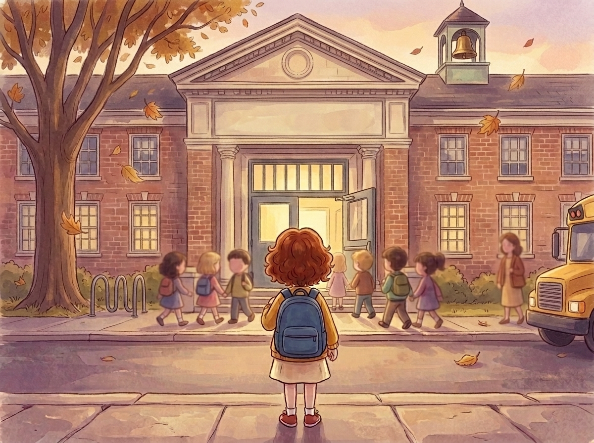 Storybook page: Wren, a small girl in a mustard cardigan with a blue backpack, standing on a sidewalk in front of an enormous arched school door, watching other children walk inside.