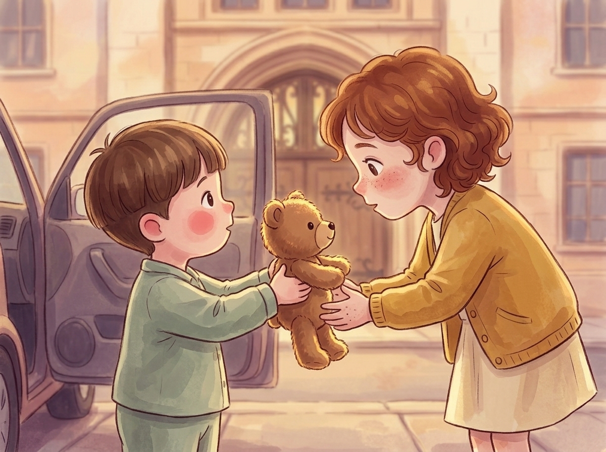 Storybook page: Theo, a small boy in sage-green pajamas, holding up his brown teddy bear Boo to his big sister Wren outside the school.
